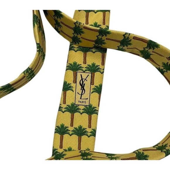 YVES SAINT LAURENT Men's 100% Silk Necktie LUXURY Yellow Palm Tree W:3.7" EUC - Picture 4 of 5
